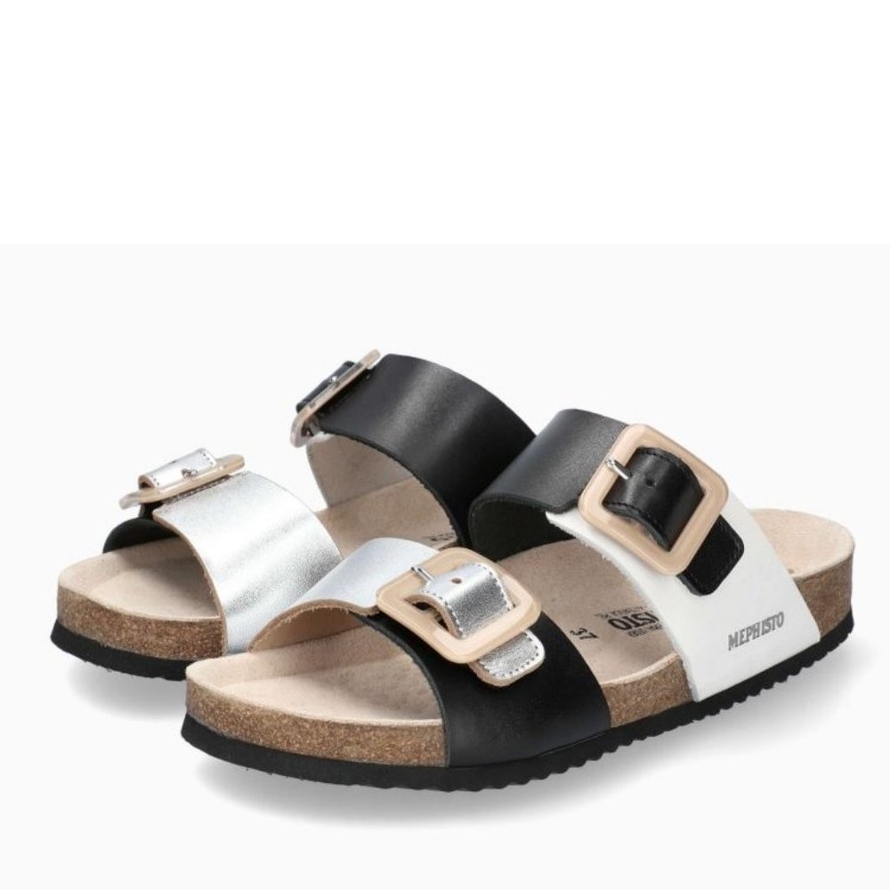 Mephisto Two-Tone Black and Silver Buckle Slide Sandals
